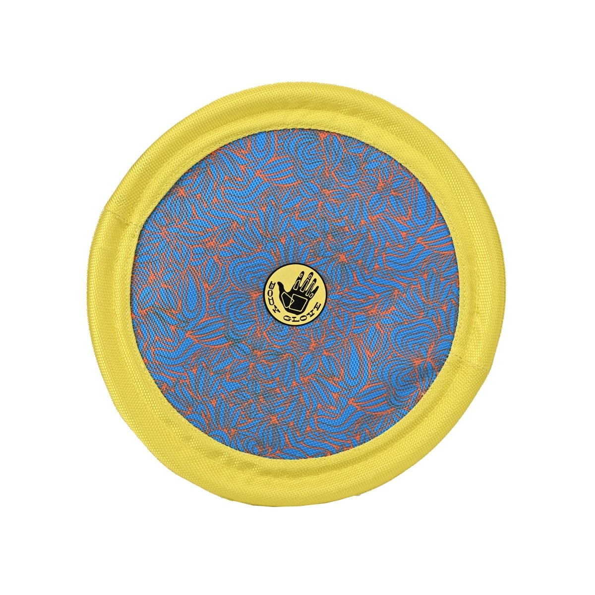 Blue and yellow disc with a logo on a white background
