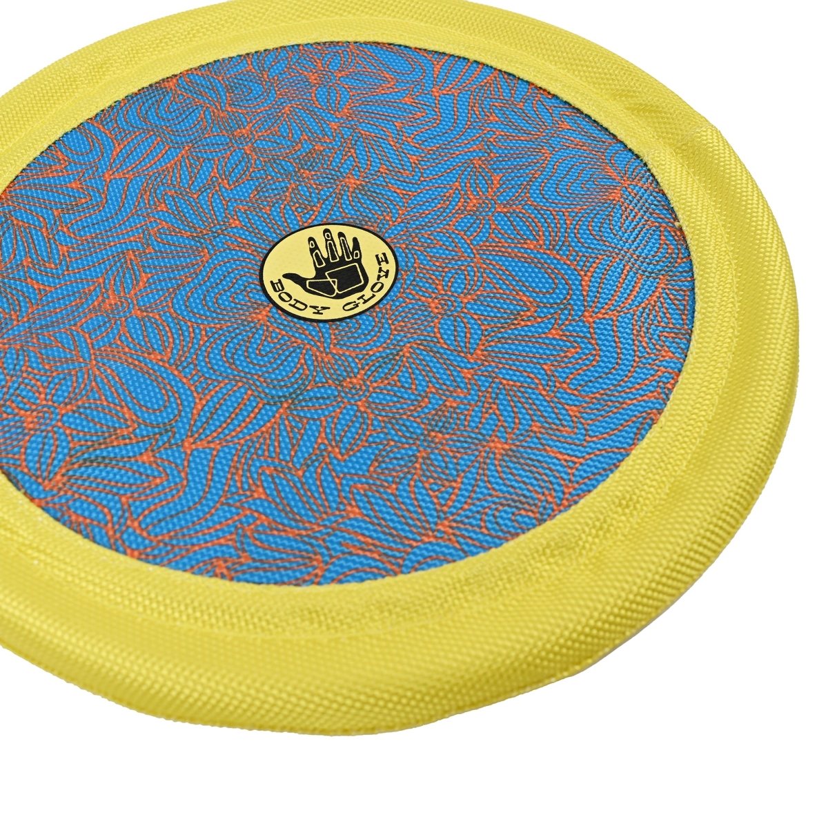 Yellow and blue frisbee with a brand logo on a white background