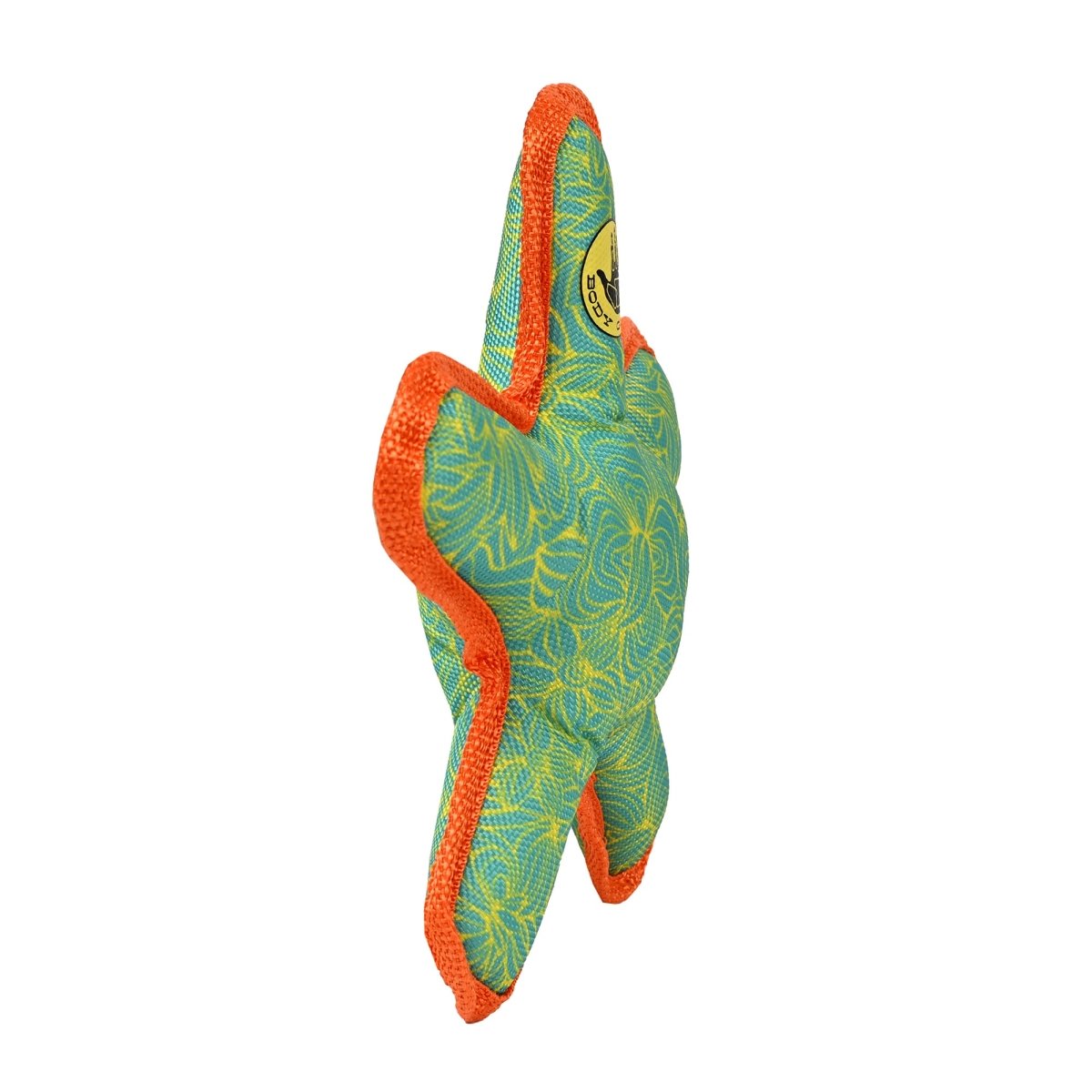 Green and orange textured object on a white background