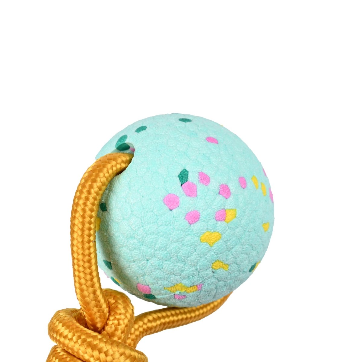 Light blue ball with colorful patterns and a yellow rope on a white background