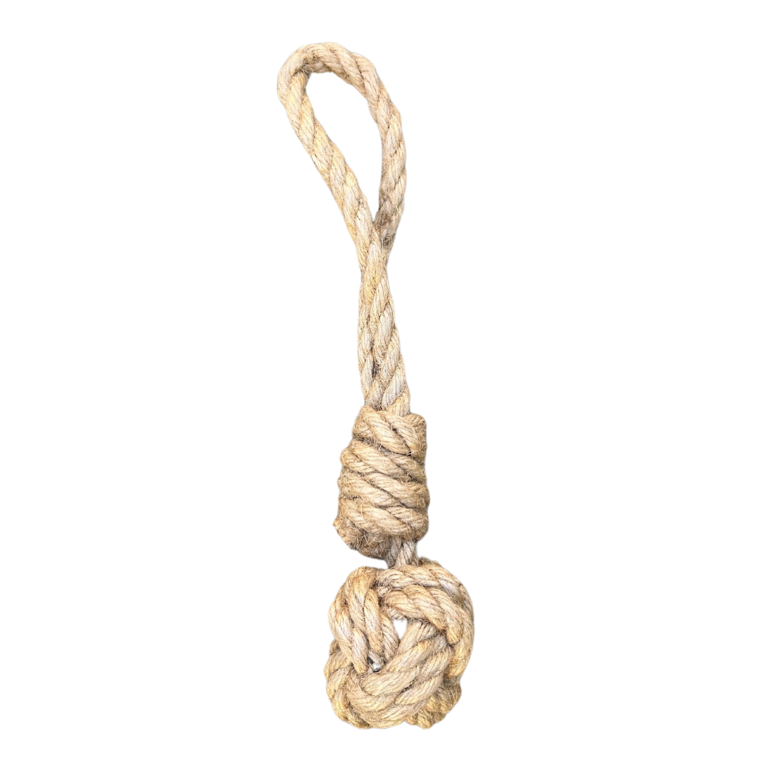Small Hemp rope dog toy with a knot on a white background
