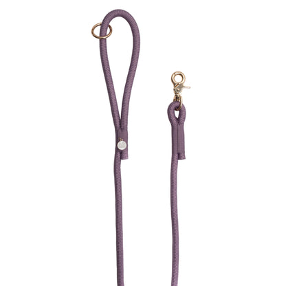 Purple rope dog leash with gold clasp on a white background