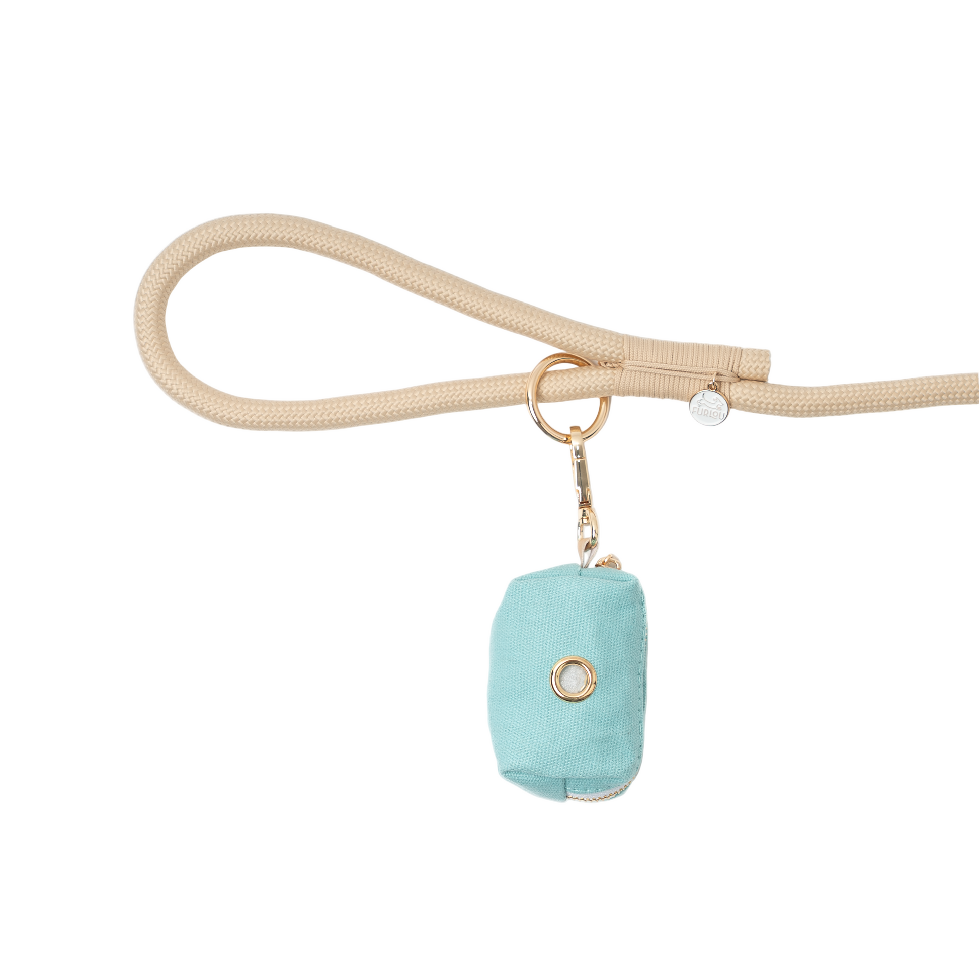 Beige dog leash with a turquoise bag attached on a white background
