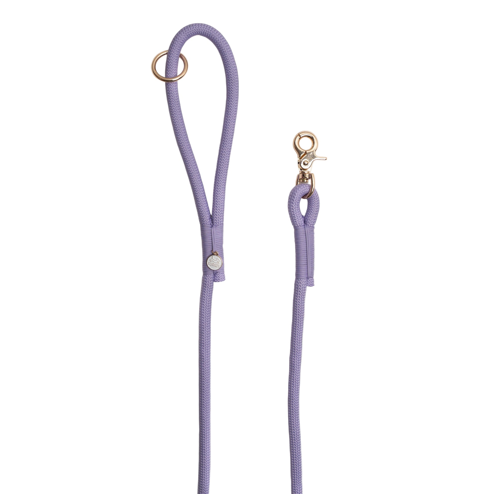Purple leash with gold clasp on a white background
