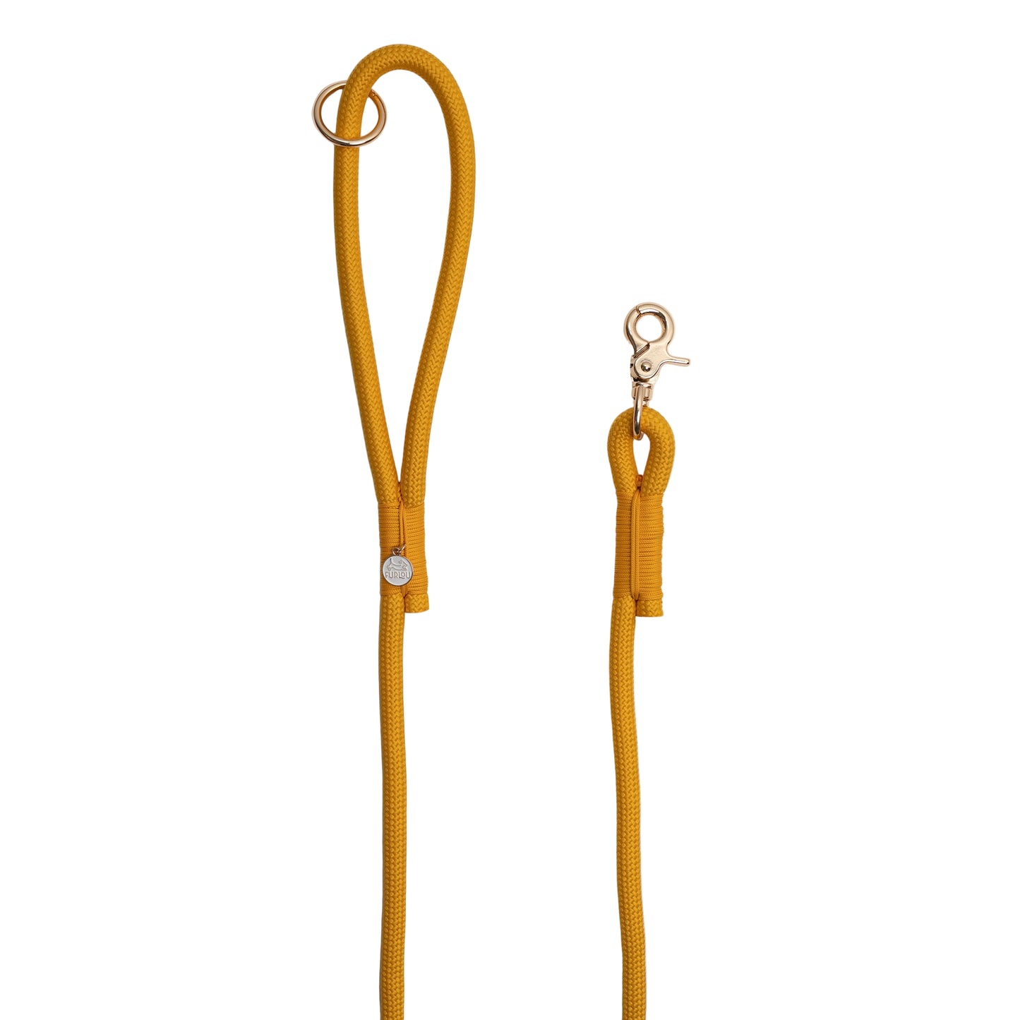 Yellow dog leash with clip on a white background