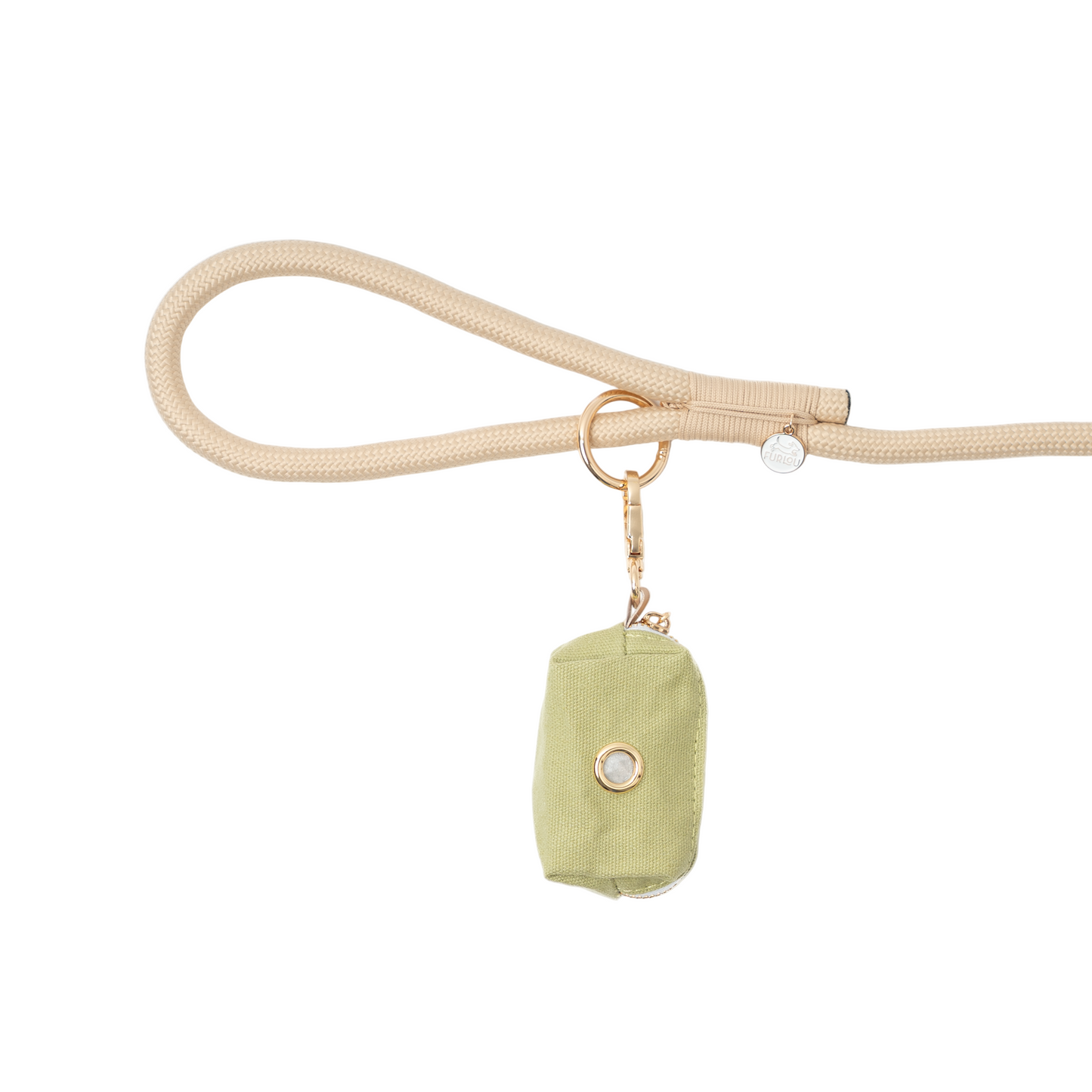 Dog leash with a green pouch and gold ring on a white background