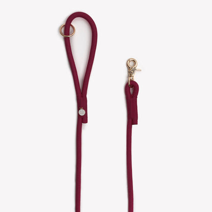 Maroon dog leash with gold clasp on a white background