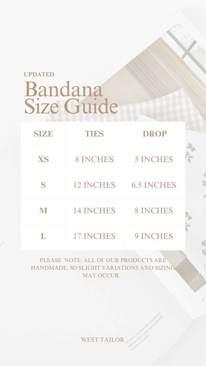 Bandana size guide with measurements on a white background