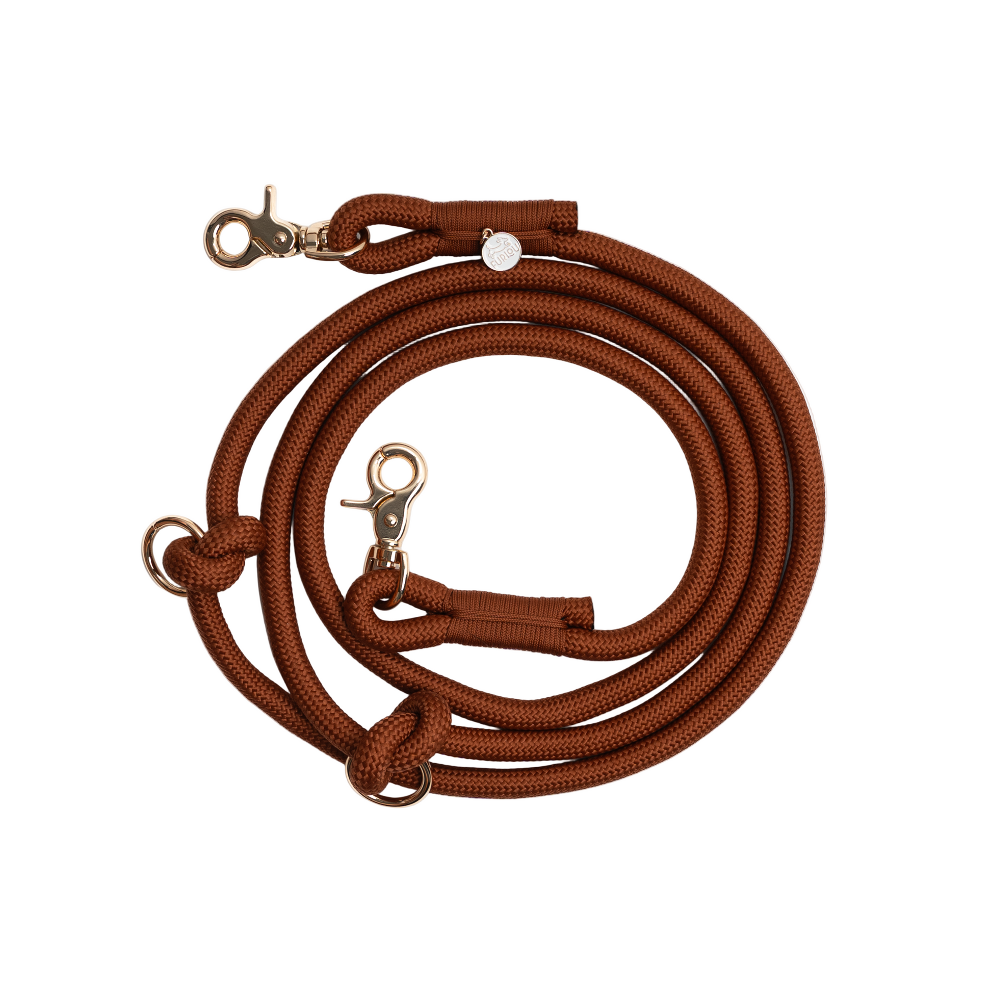 Brown dog leash with gold clasp on a white background