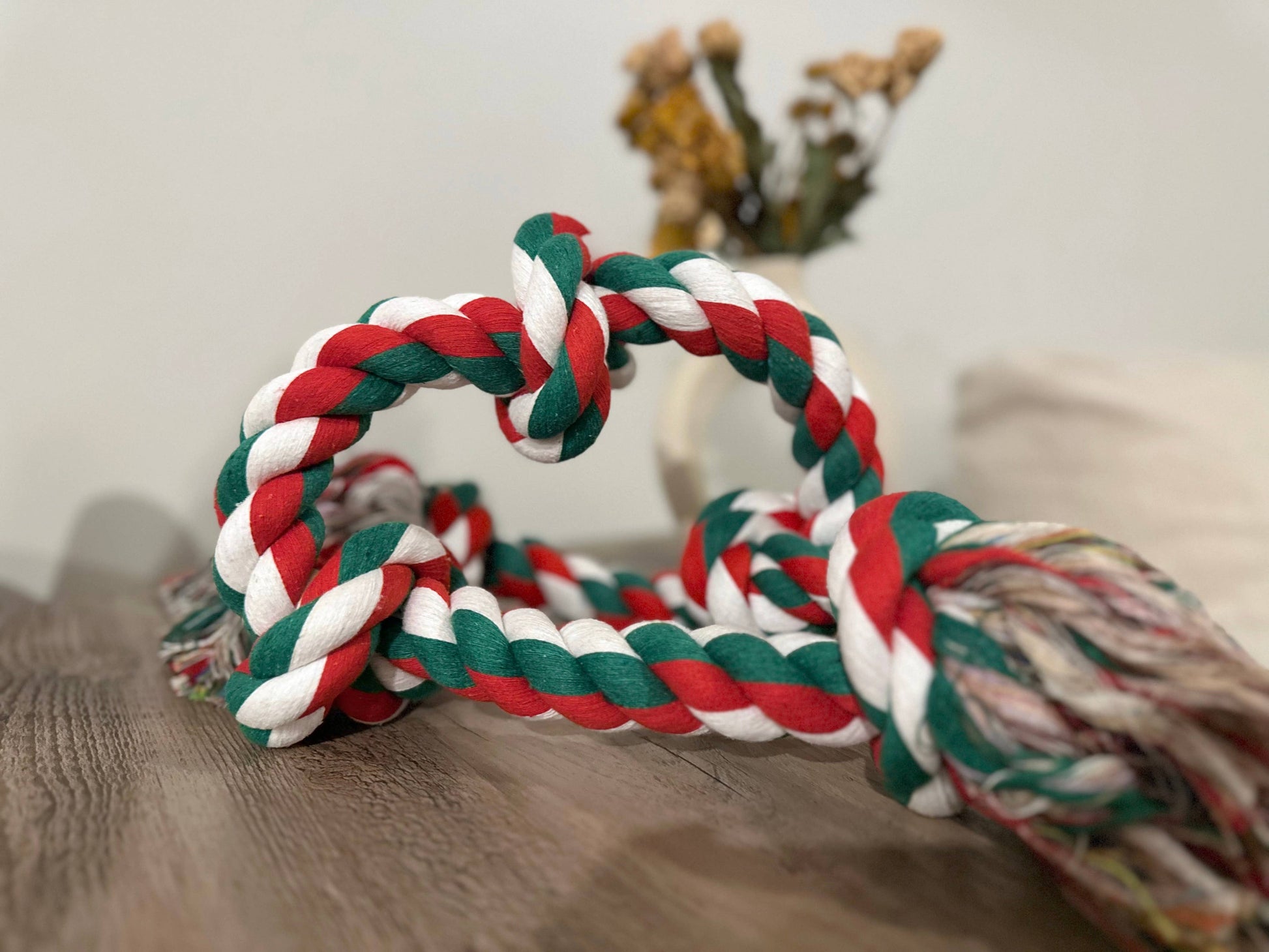 Red, white, and green braided rope toy on a wooden surface with a neutral background.