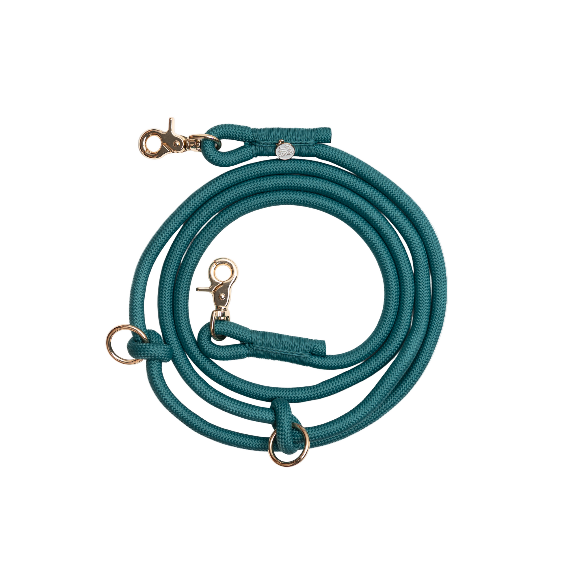 Teal dog leash with gold hardware on a white background