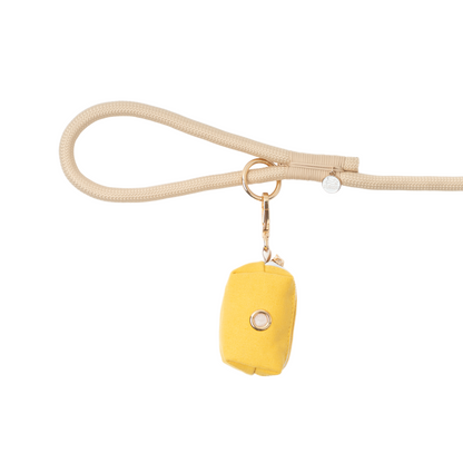 Yellow dog collar with a matching tag on a beige leash against a white background