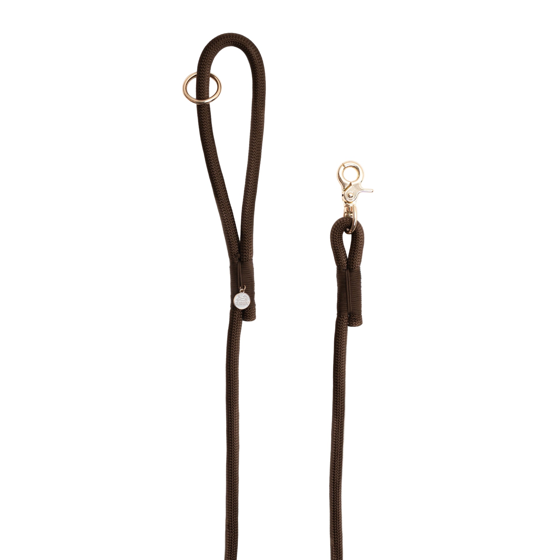 Brown dog leash with gold clasp on a white background