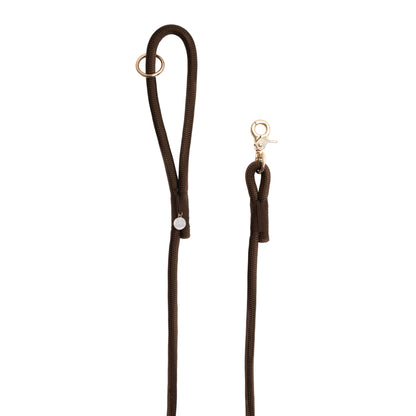 Brown dog leash with gold clasp on a white background