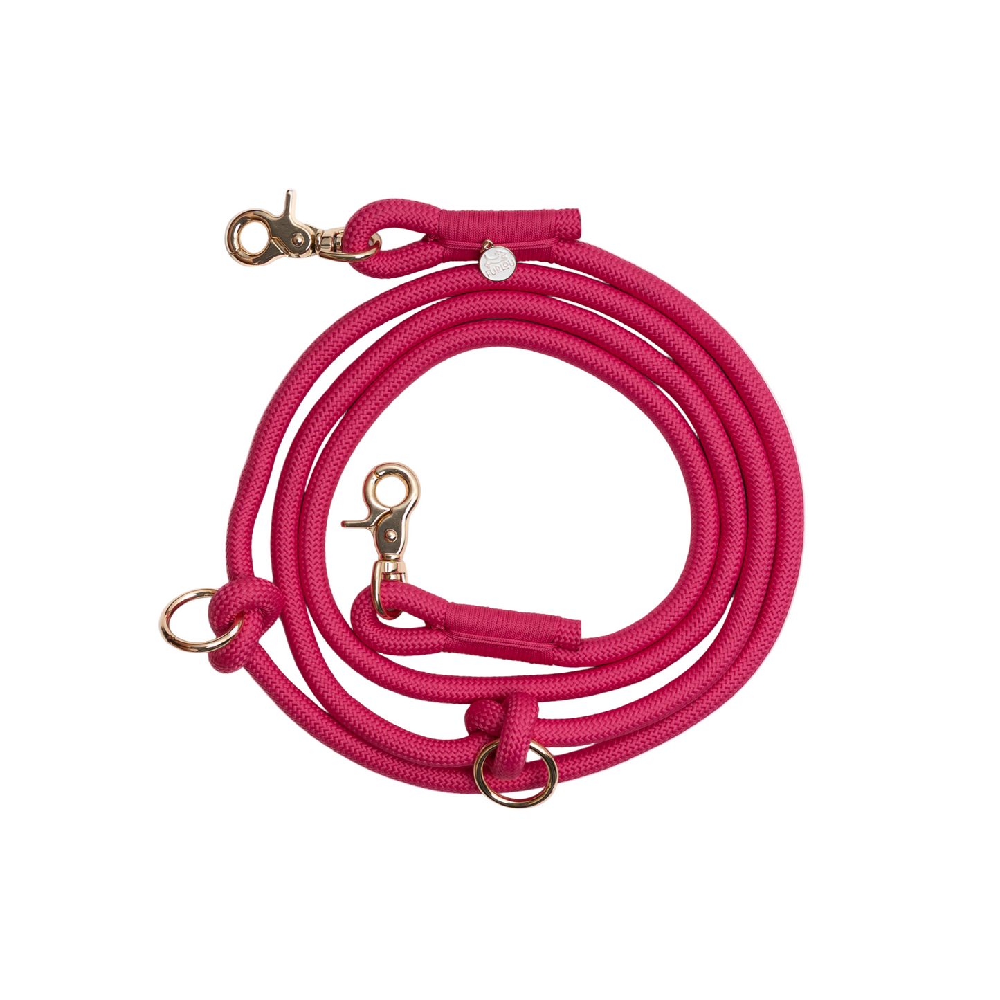 Pink dog leash with gold hardware on a white background