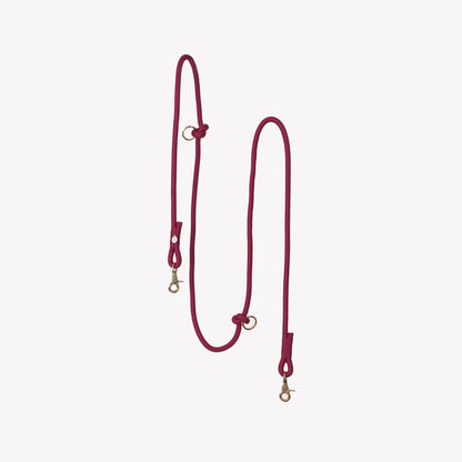 Red dog leash with gold clasp on a light pink background