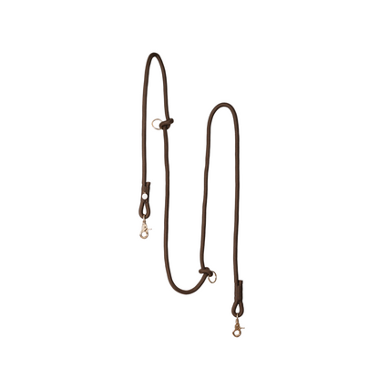 Brown leather lanyard with gold hardware on a white background