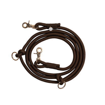 Brown dog leash with gold hardware on a white background