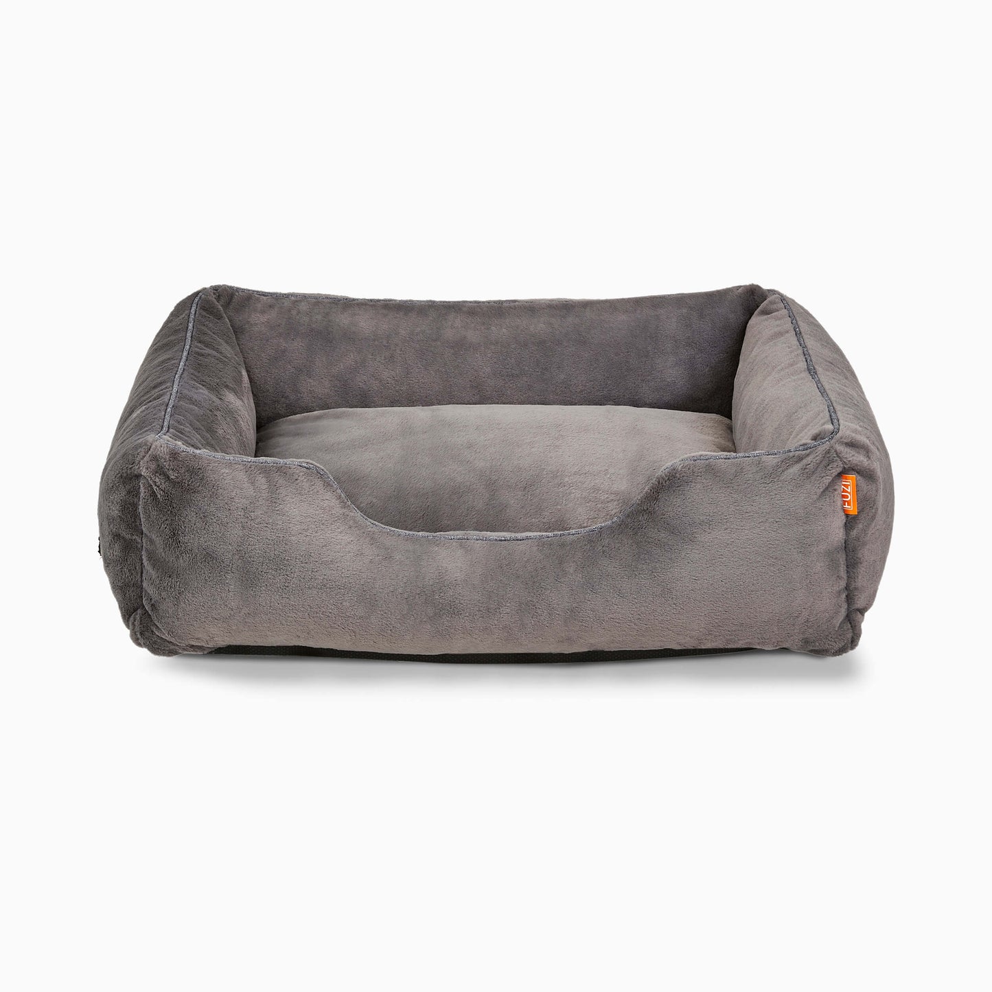 Gray pet bed with a visible brand logo on a white background