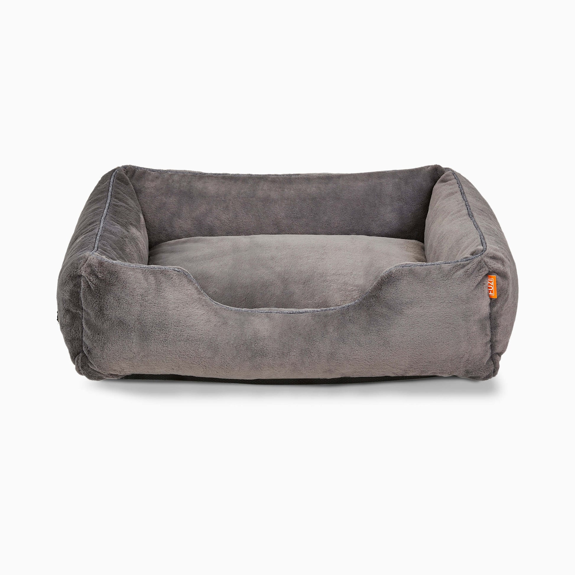 Gray pet bed with a visible brand logo on a white background