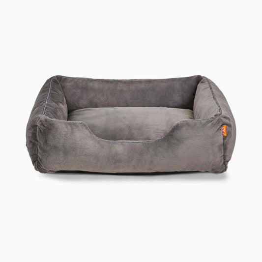 Gray pet bed with a visible brand logo on a white background