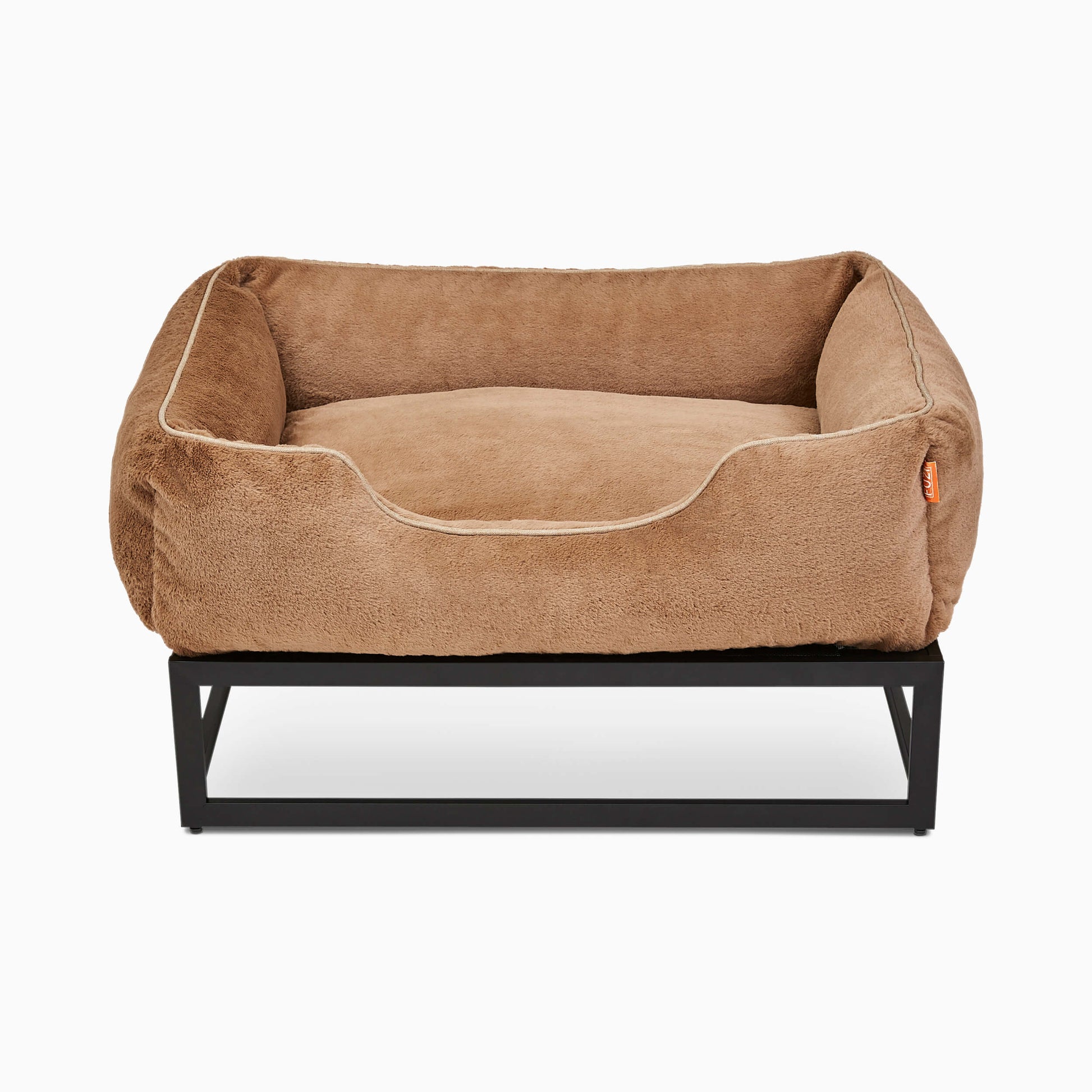 Brown pet bed with black metal frame on a white background