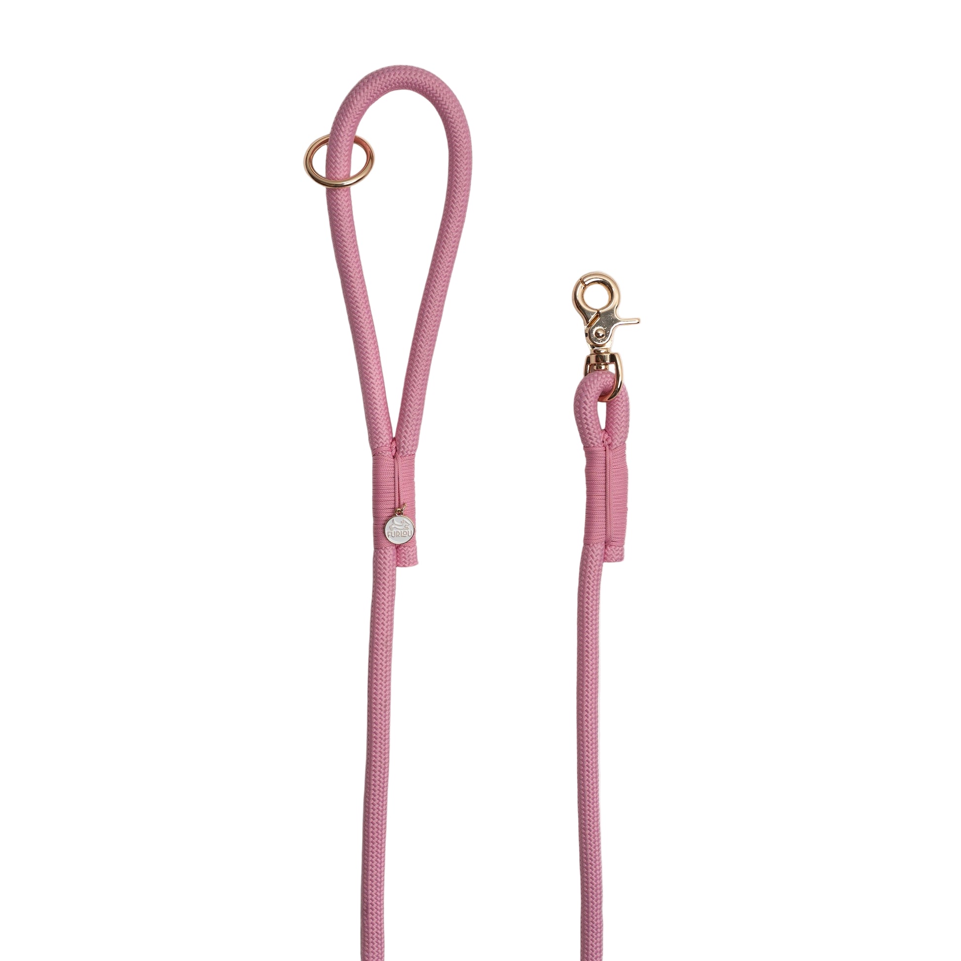 Pink dog leash with gold hardware on a white background