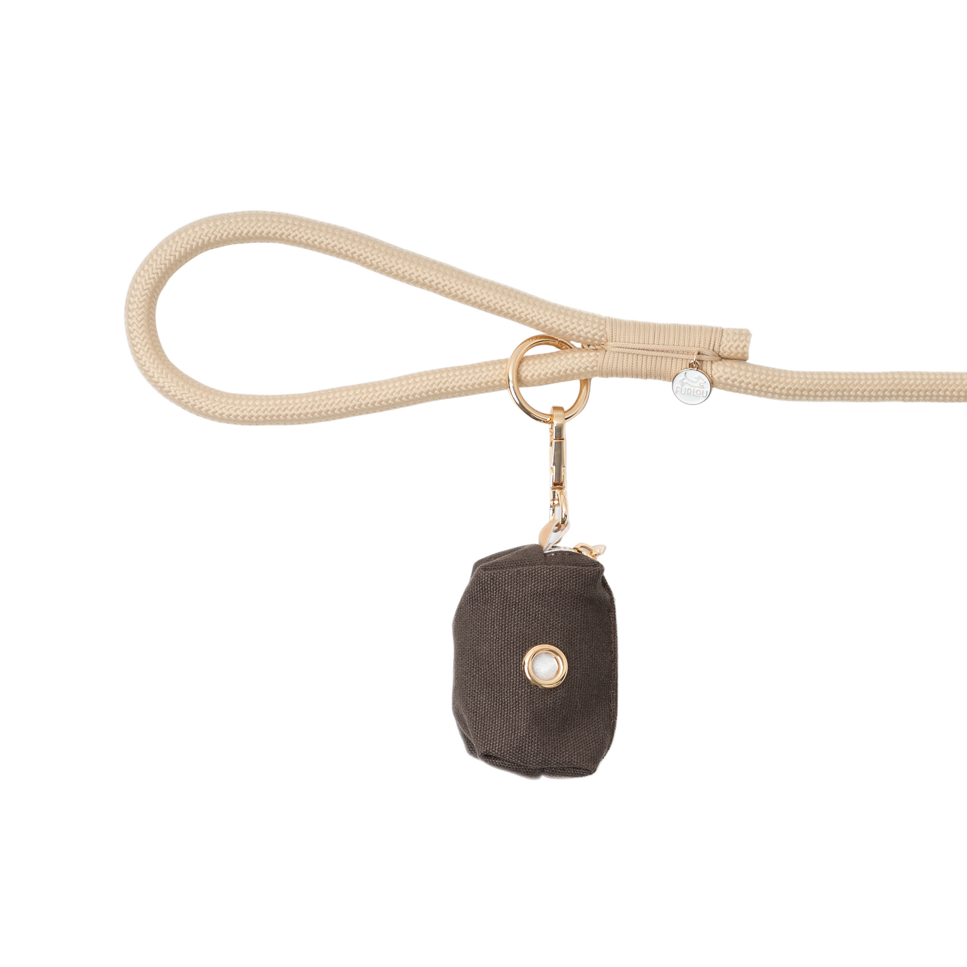 Dog leash with a dark pouch and gold clasp on a white background