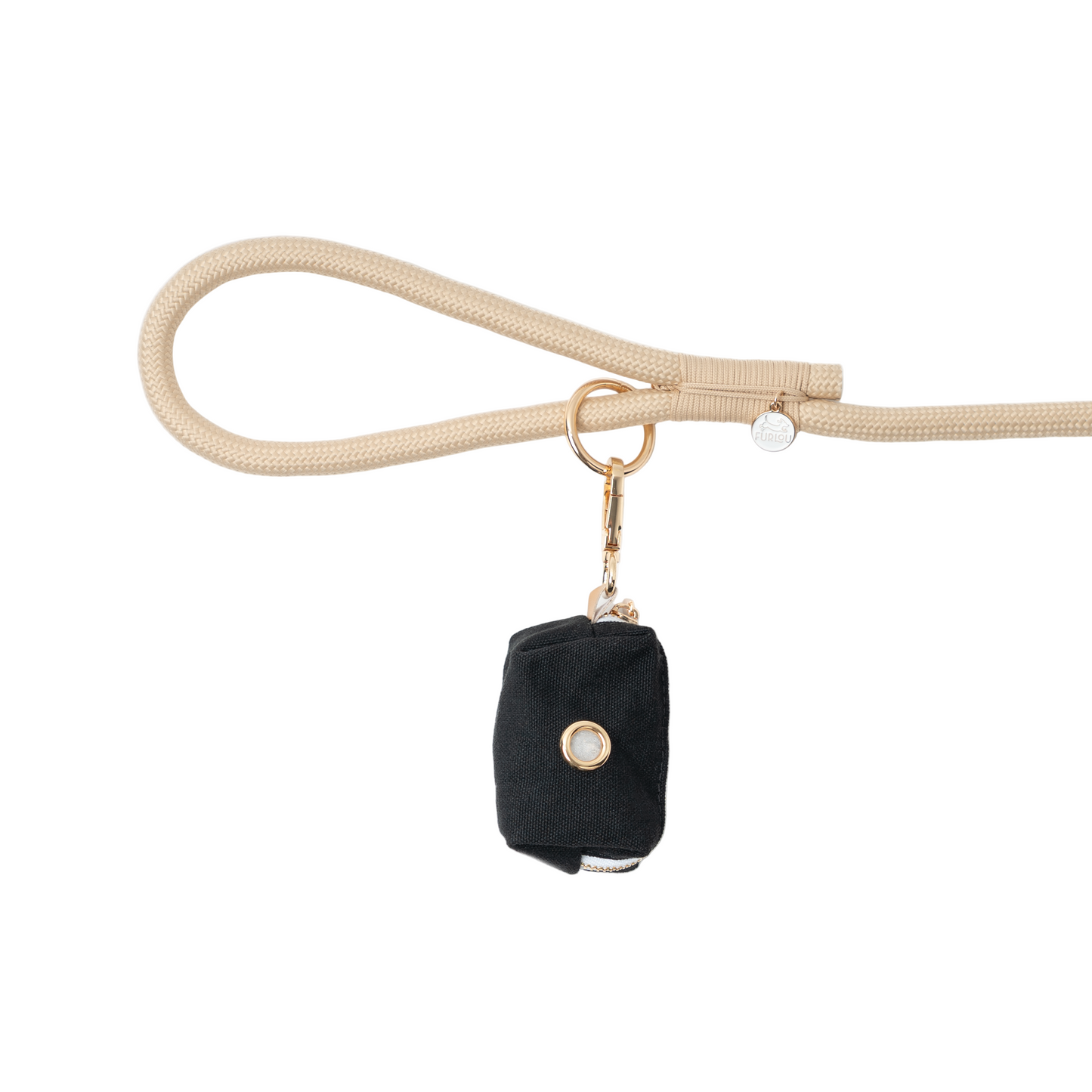 Black pouch with gold clasp on a beige leash against a white background