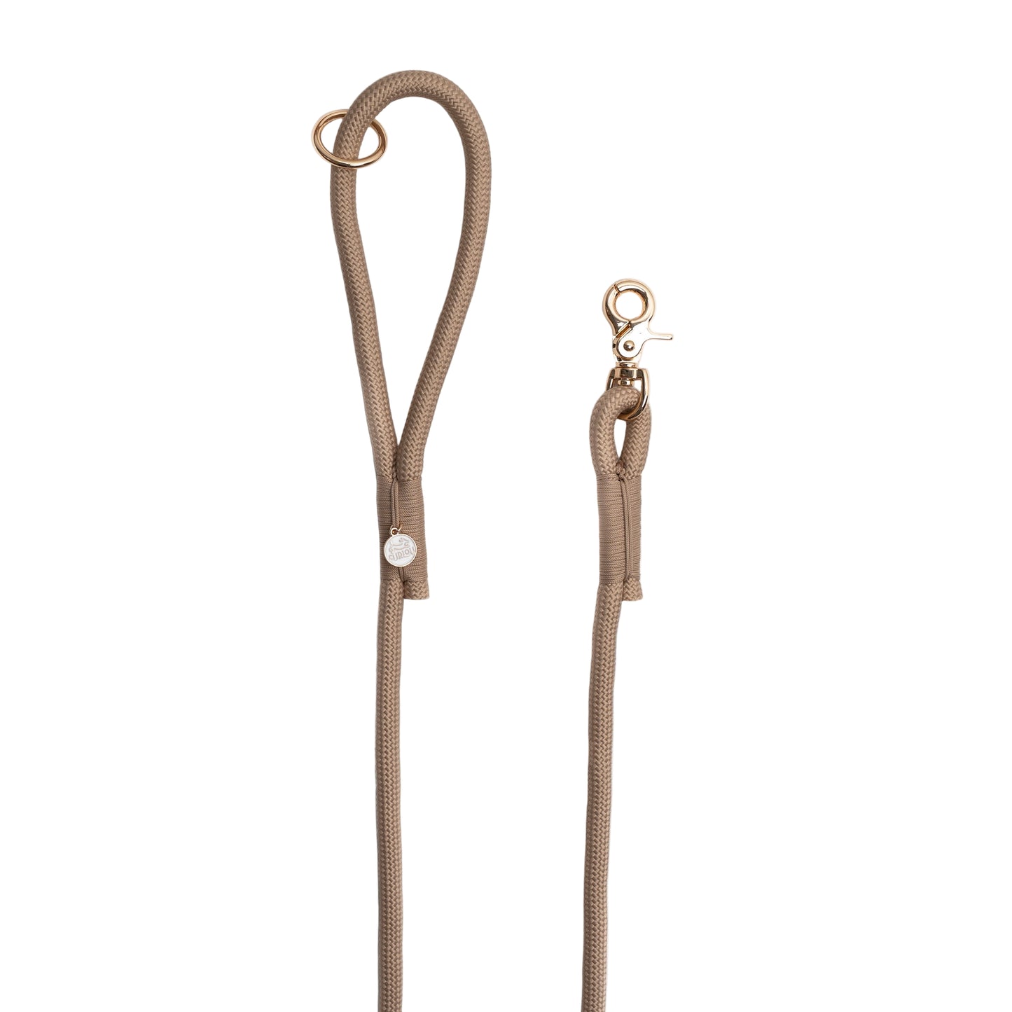 Beige dog leash with gold clasp on a white background