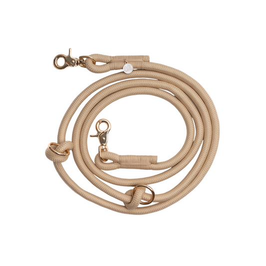 Beige dog leash with gold hardware on a white background