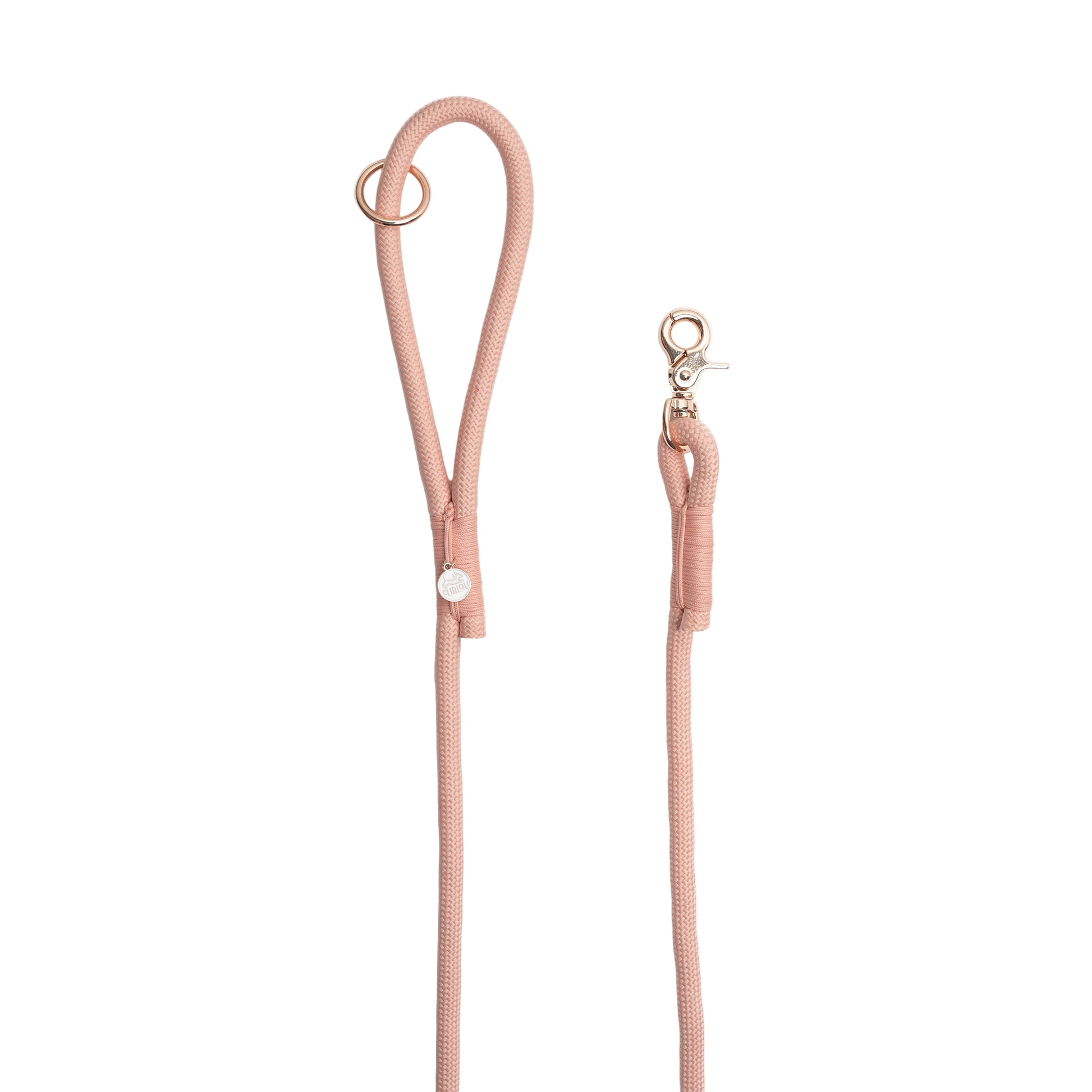 Rose gold dog leash with matching clip on a white background