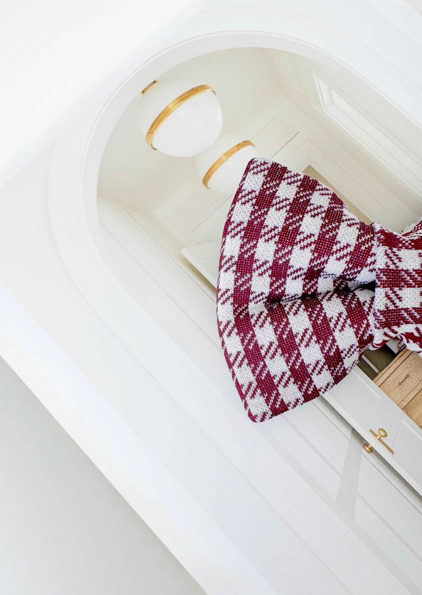 Red and white checkered dog bow tie on a white background