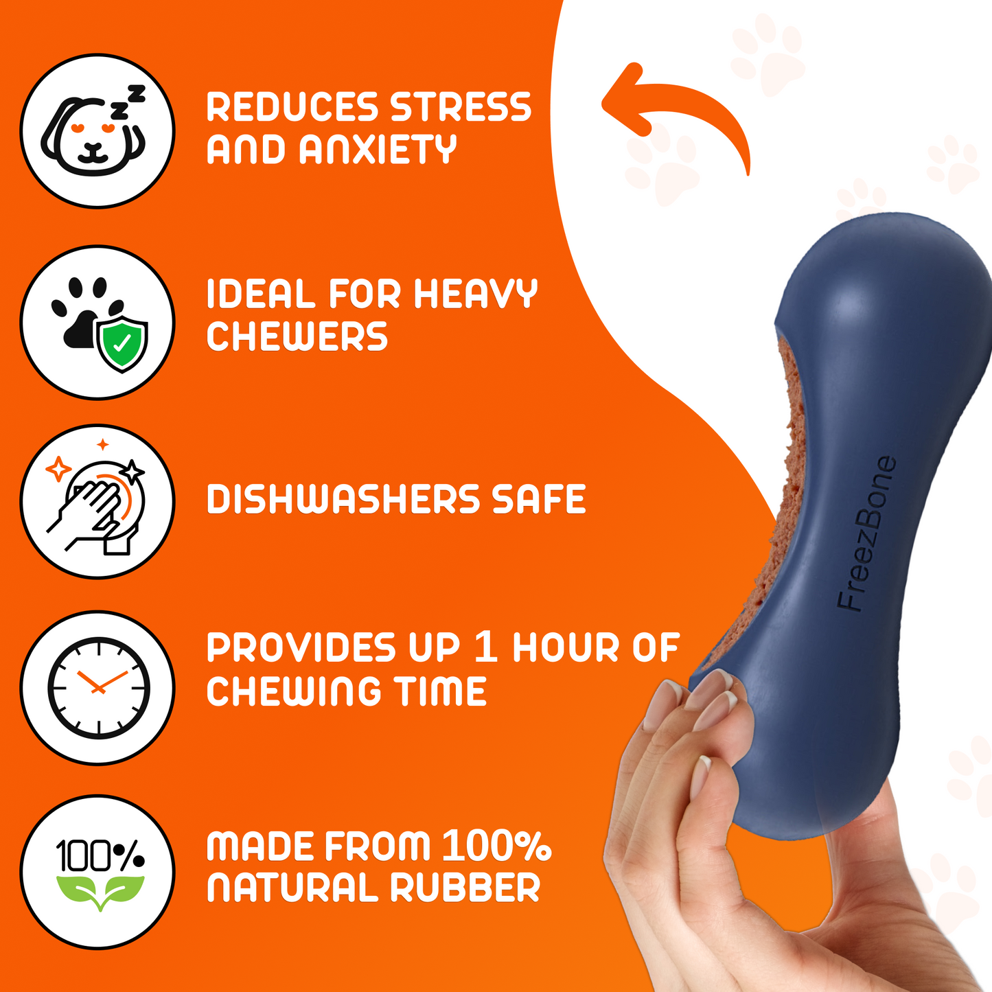 Dog chew toy with text highlighting its benefits on an orange background