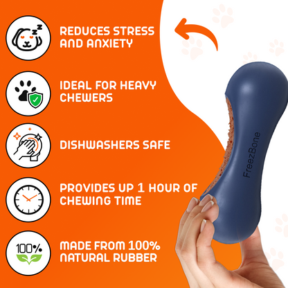 Dog chew toy with text highlighting its benefits on an orange background