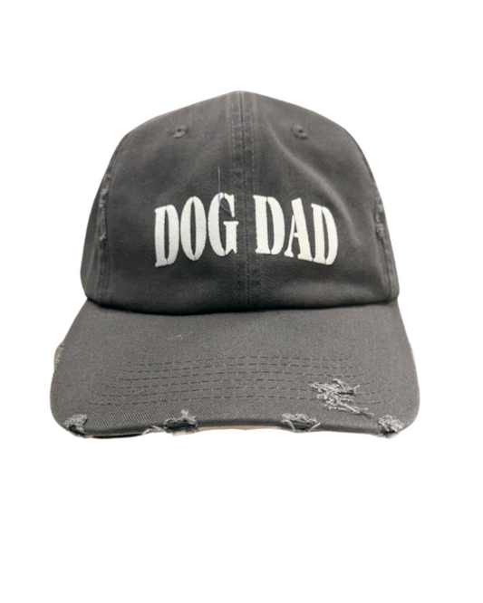 Gray cap with 'DOG DAD' text on a white background