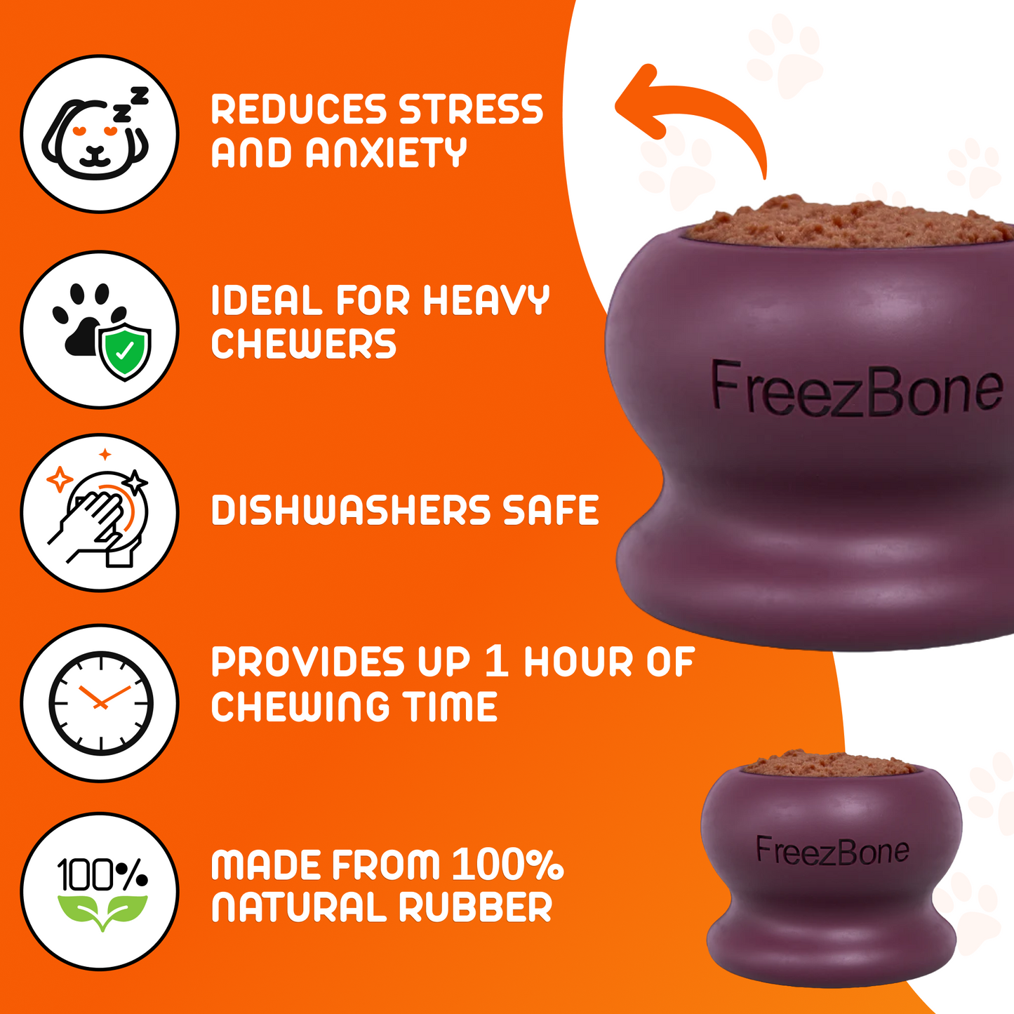 FreezBone dog chew toy with features listed on an orange background