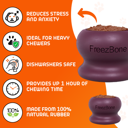 FreezBone dog chew toy with features listed on an orange background
