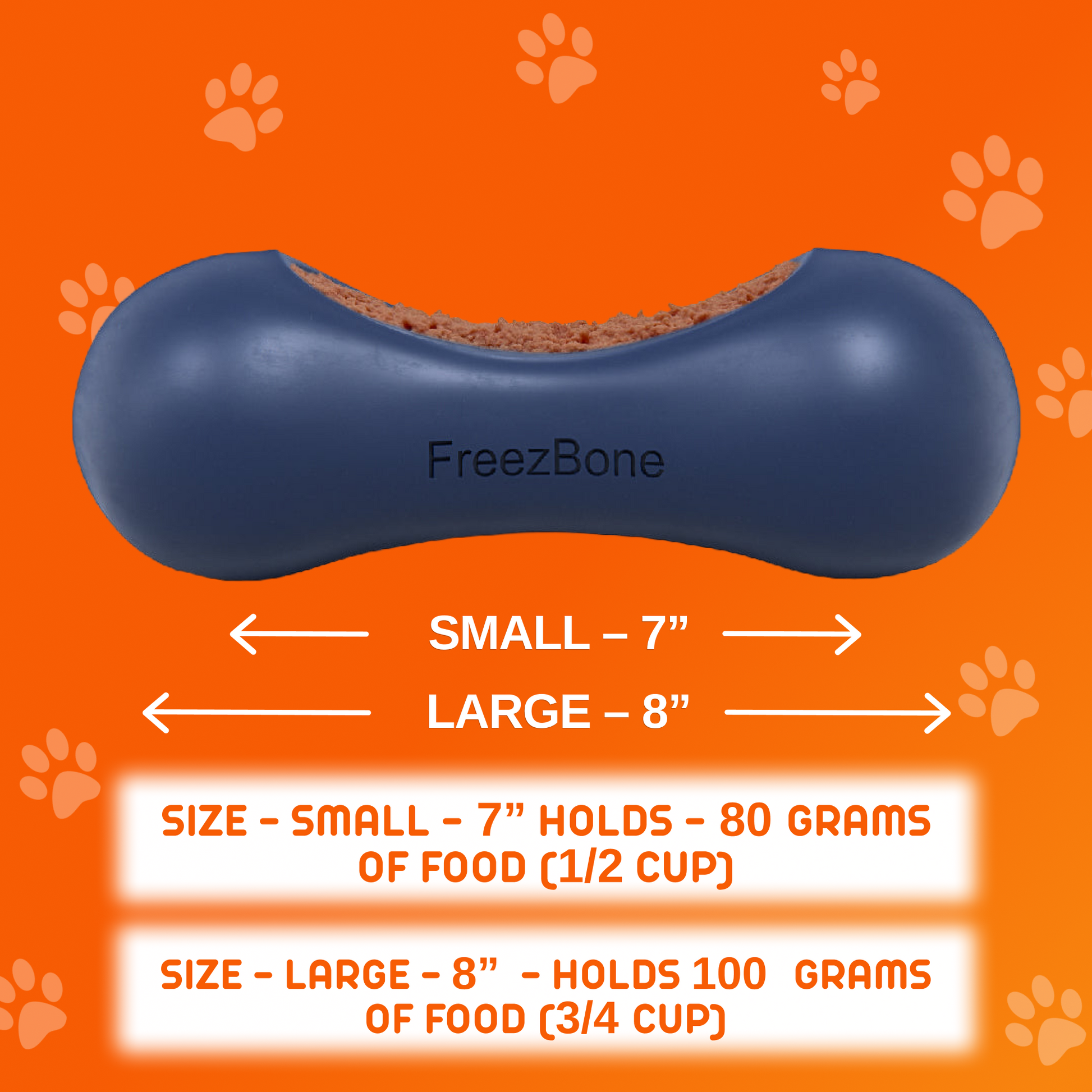 Blue FreezBone dog toy on an orange background with size and food capacity information.