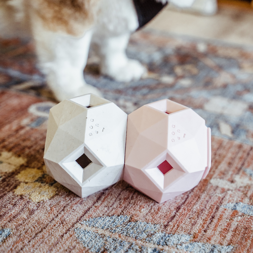 Two geometric-shaped pet toys on a textured carpet with a blurred cat in the background.