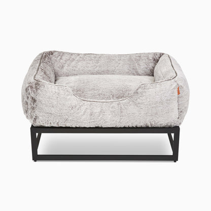 Gray pet bed with black metal frame on a white background