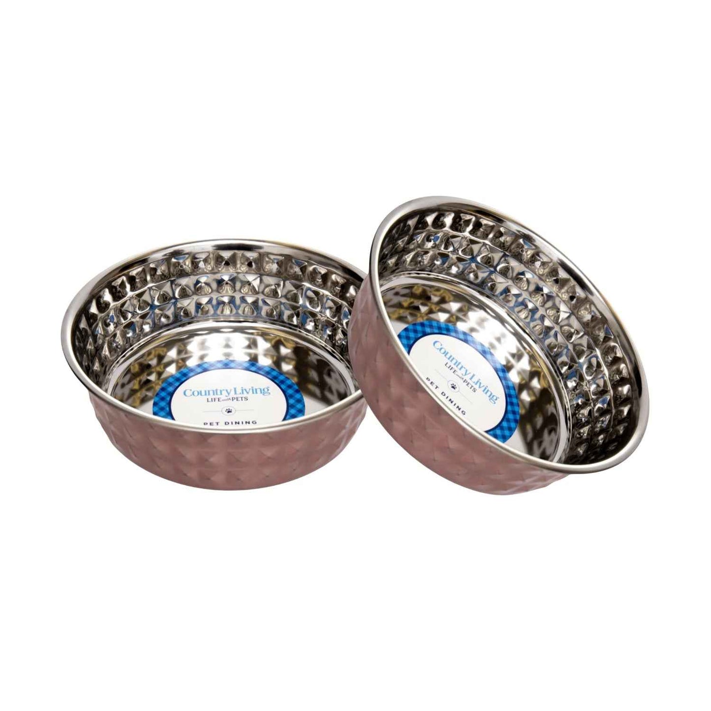 Country Living Set of 2 Hammered Stainless Steel Dog Bowls – Ideal for Extra Large Breeds – Rose Quartz/64oz