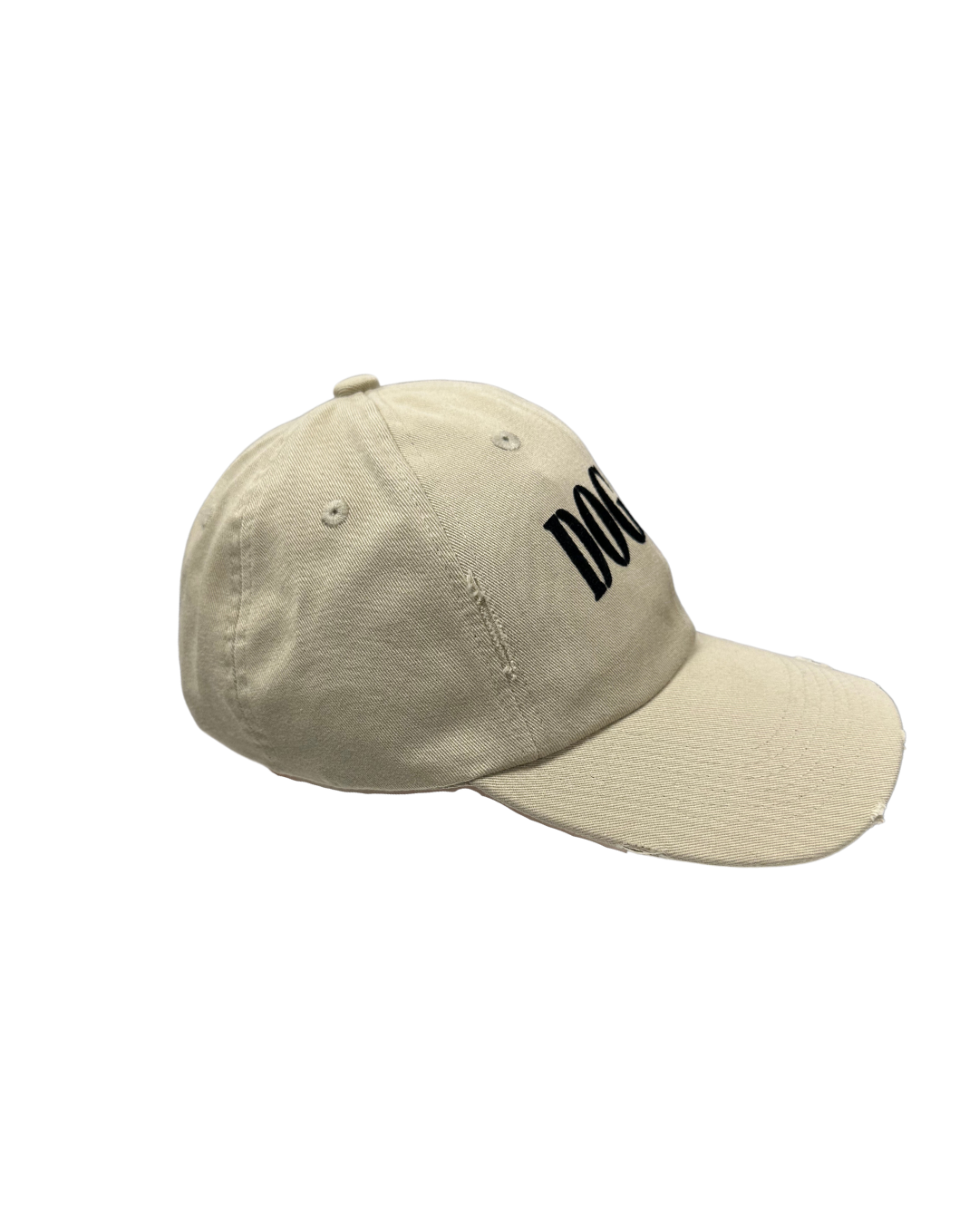 Beige cap with black text on a white background