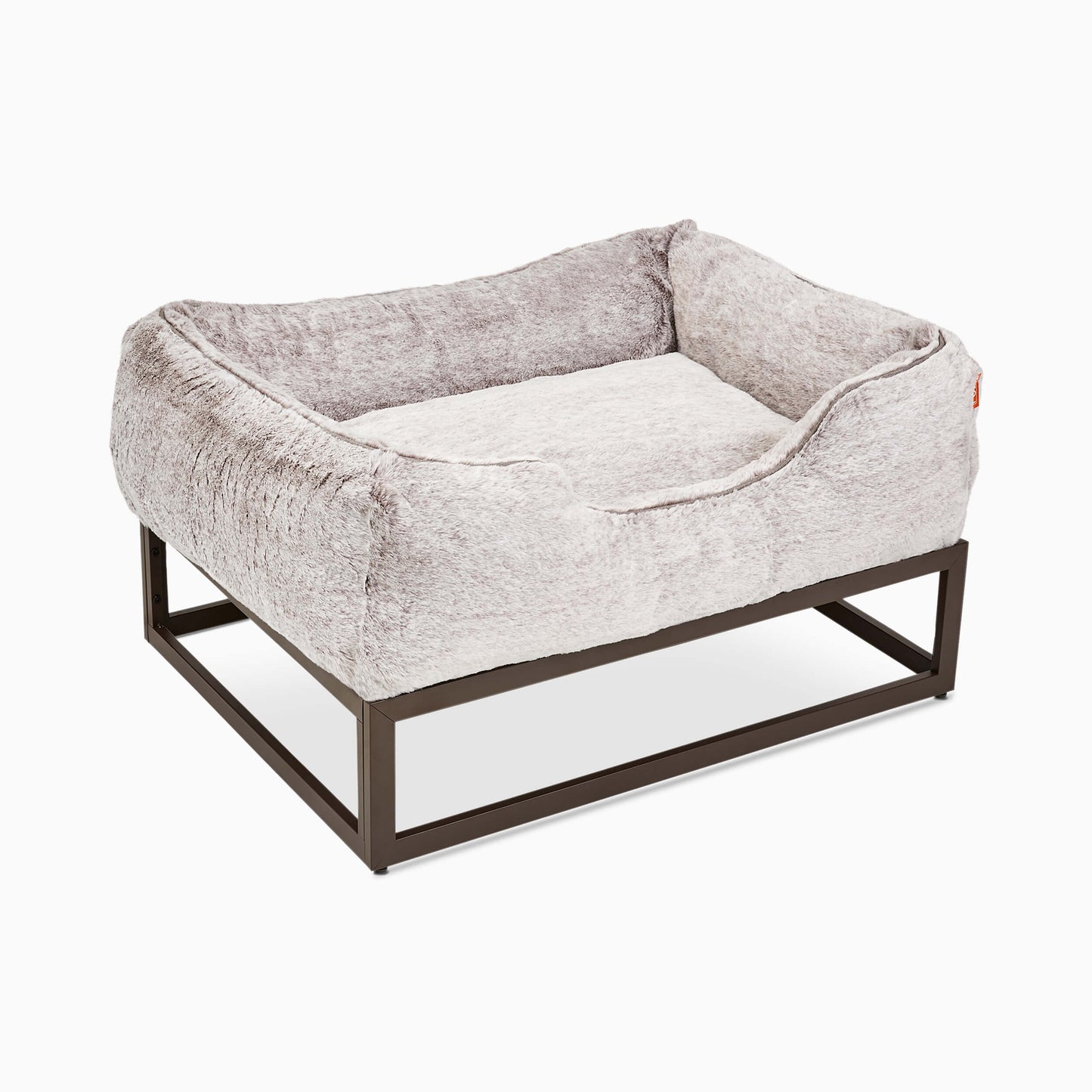 The FÜZI Dog Bed in gray on top of frame side view on white background