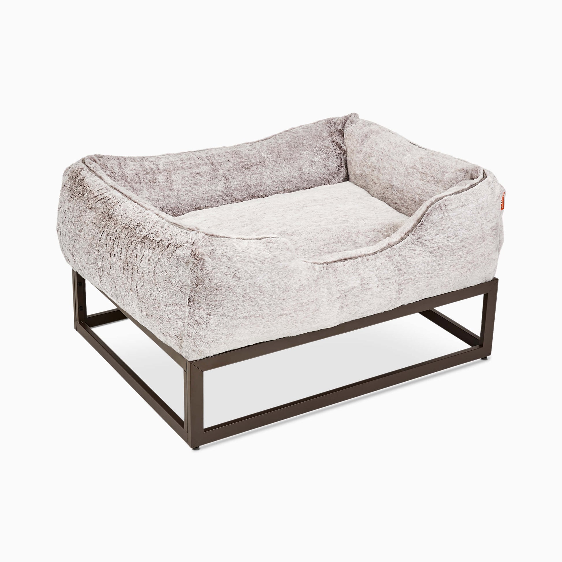 The FÜZI Dog Bed in gray on top of frame side view on white background