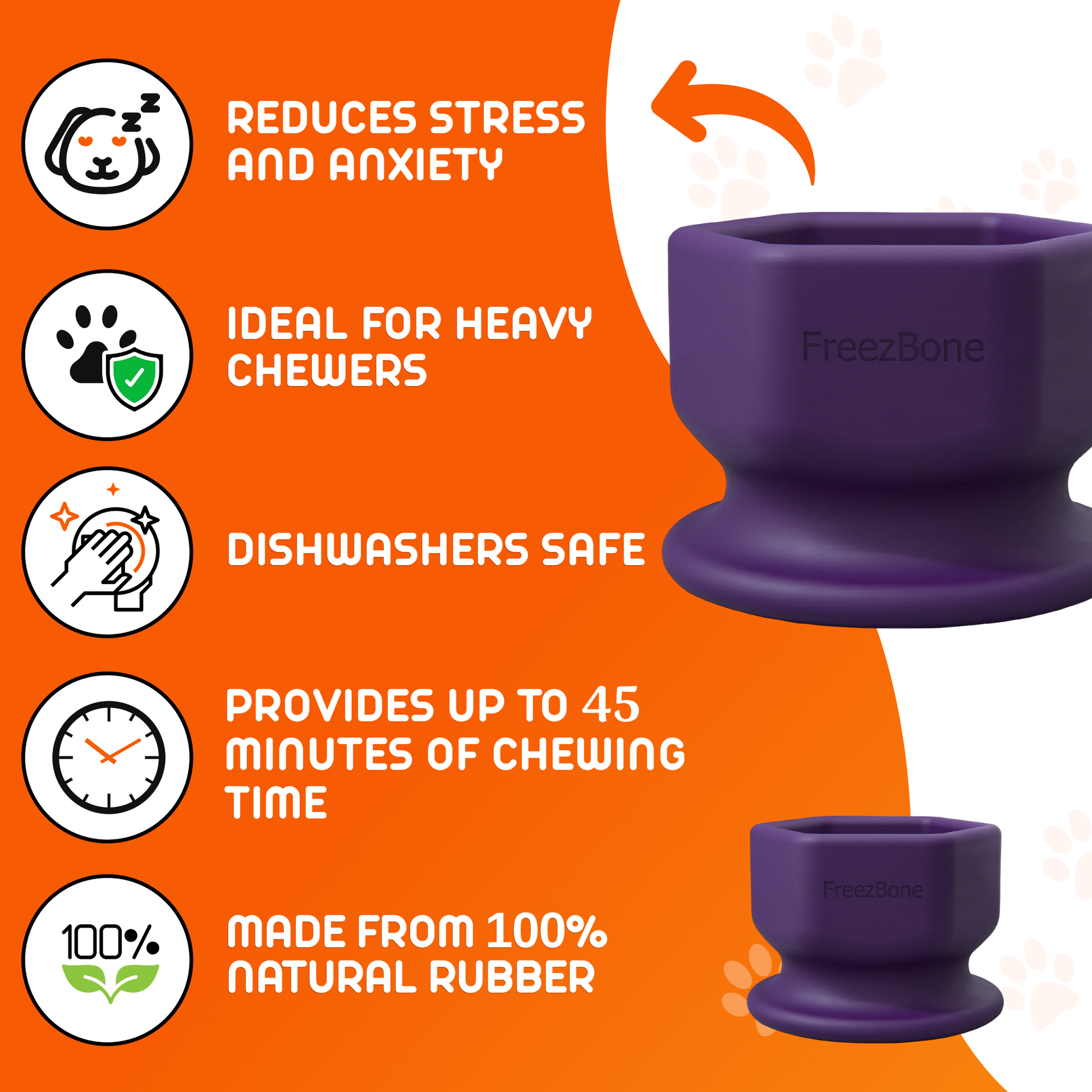Purple pet chew toy with features listed on an orange background