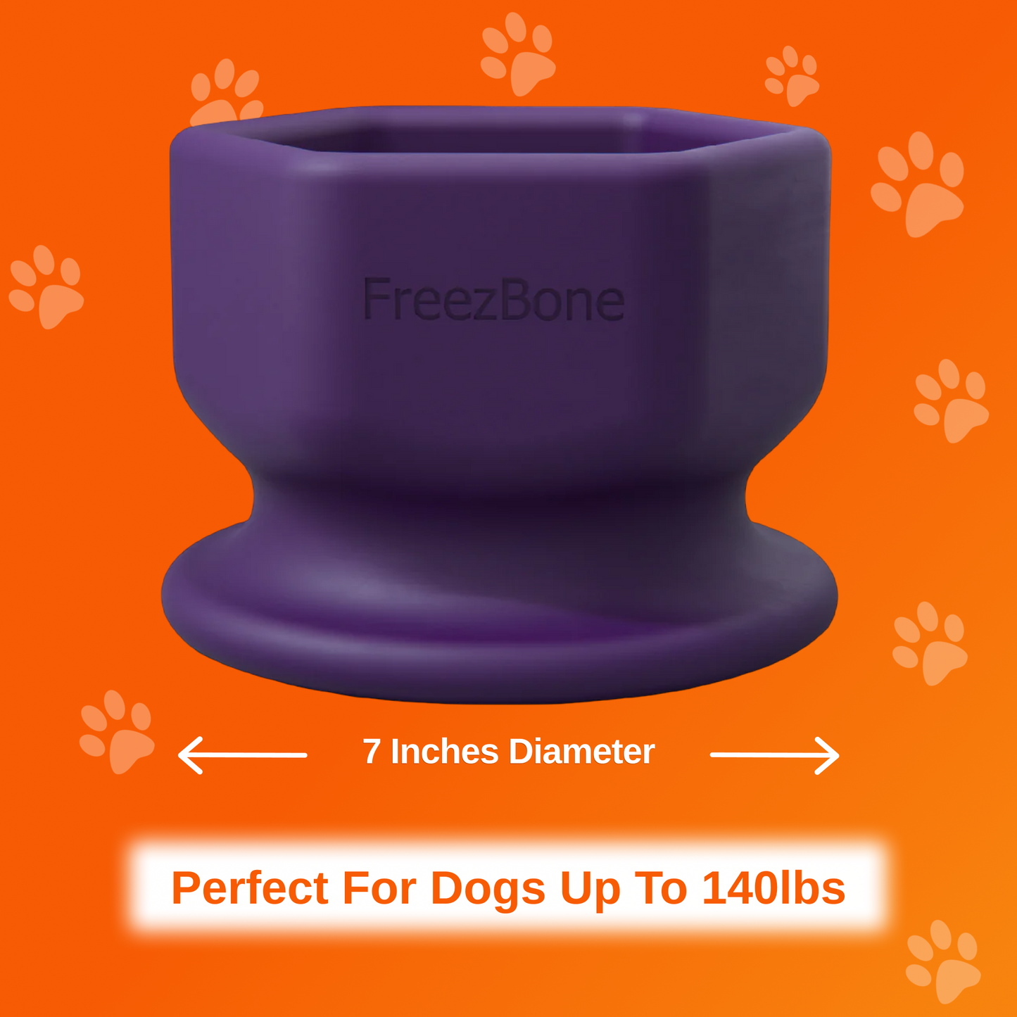 Purple FreezBone product on an orange background with paw prints