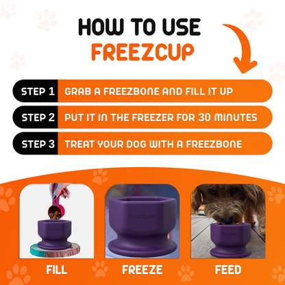 Instructions on how to use a Freezcup product with a purple Freezbone.
