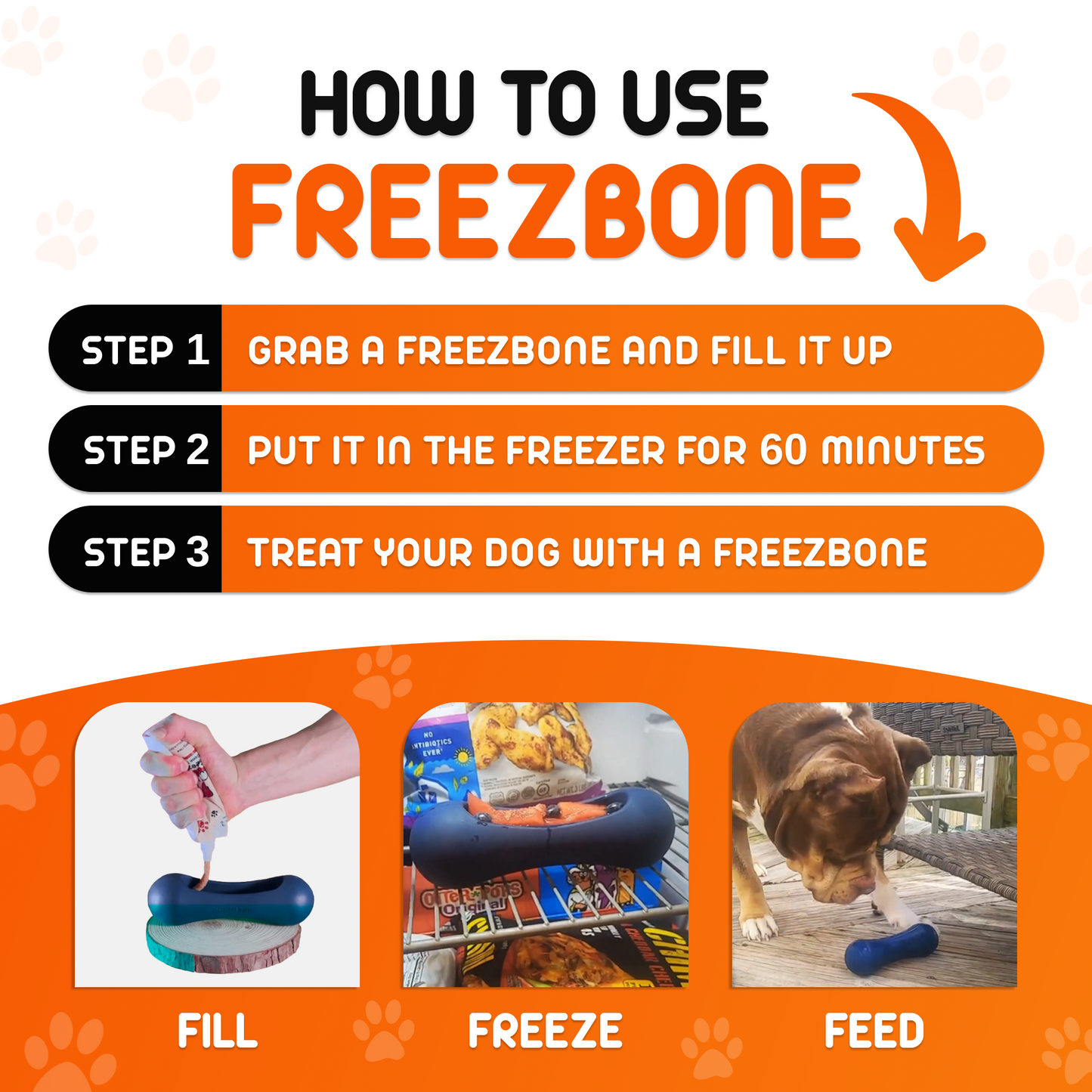 Instructions on how to use a Freezbone product for dogs, with steps and images of usage.