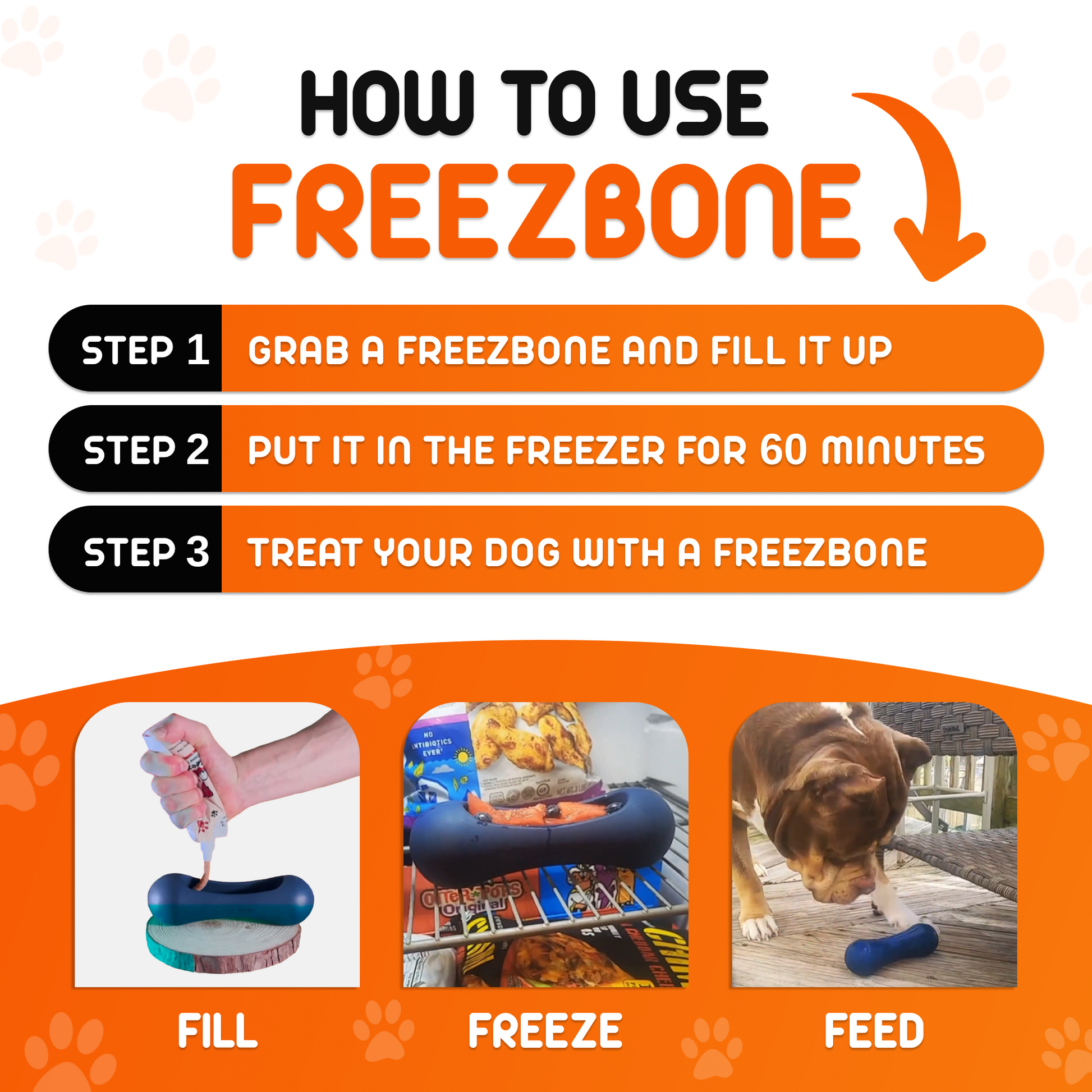 Instructions on how to use a Freezbone product for dogs, with steps and images of usage.